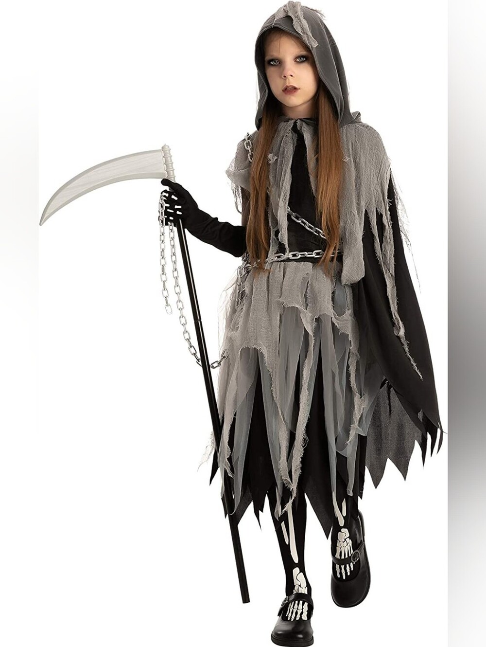 Girls Reaper Costume Rip Chains Hood Gloves Tights Glow In dark Skeleton, 8-10
